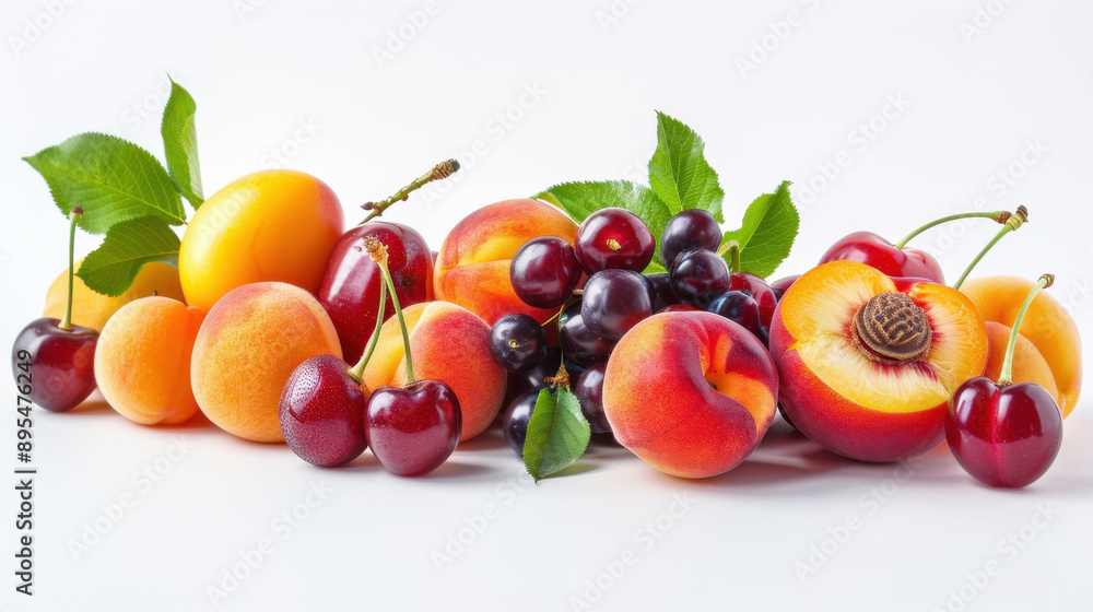 A selection of stone fruits such as peaches, plums, and cherries against a clean white background A selection of stone fruits such as peaches, plums, and cherries against a clean white background