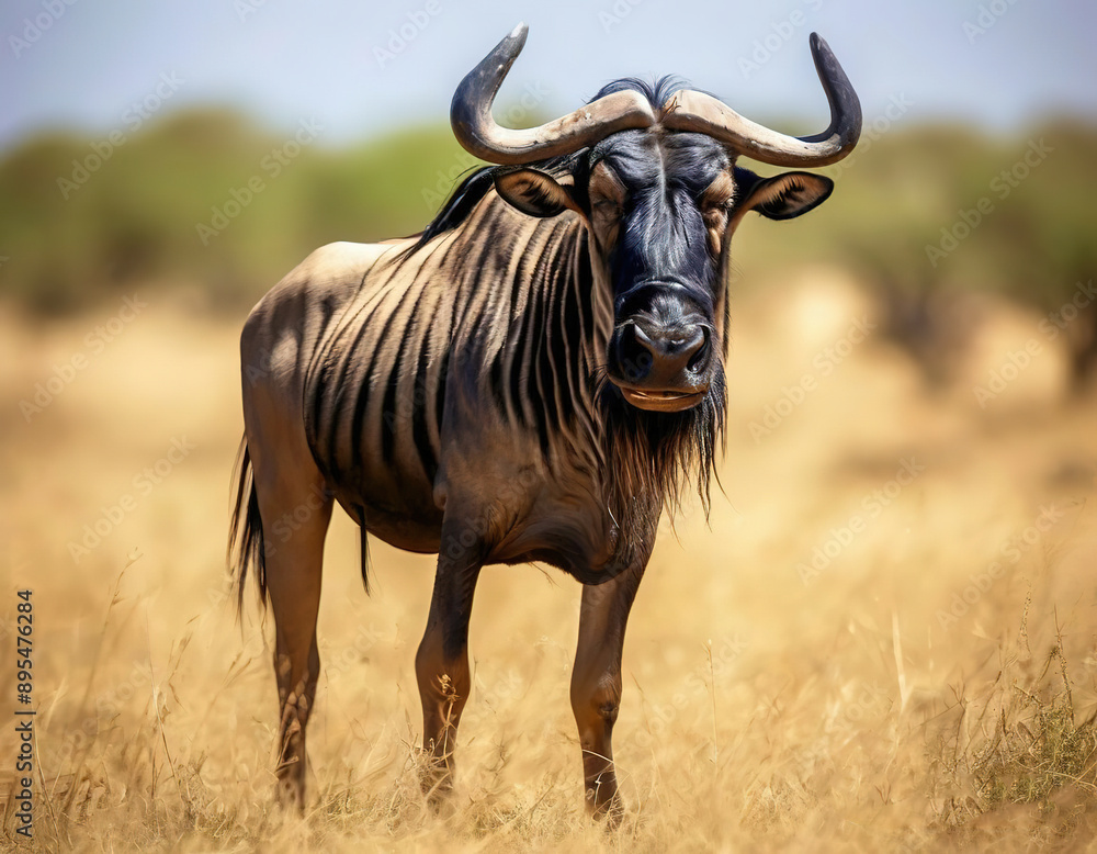 wildebeest in the wild. looks at the camera. wildebeest in the wild. looks at the camera.