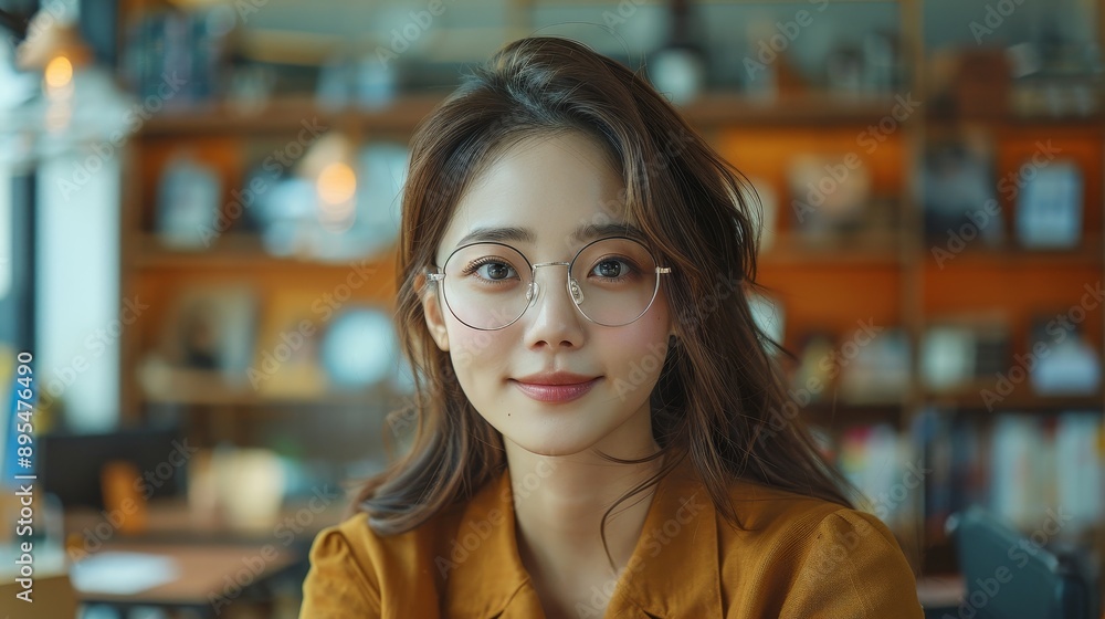 Intellectual Korean Woman with Glasses in Cozy Library