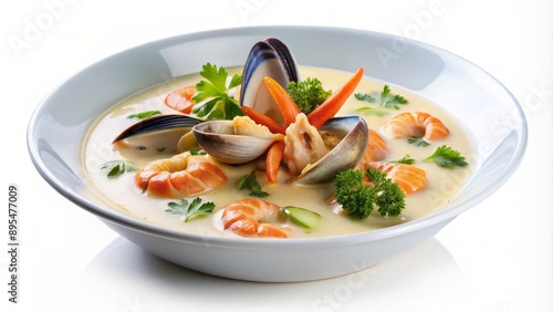 Deliciously arranged seafood medley in a rich creamy soup, garnished with parsley, against a transparent background, evoking culinary excellence. photo