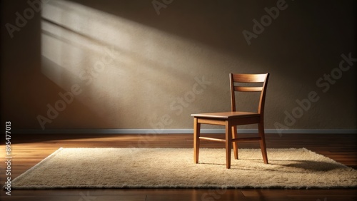 A serene empty wooden chair on a pristine mat in a dimly lit room with subtle warm tones and soft shadows.