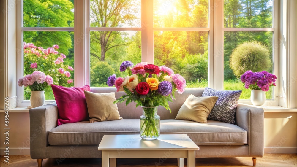 Serene interior scene featuring vibrant flowers on windowsill, plush sofa, and elegant glass window with a delicate flowerpot centerpiece. Serene interior scene featuring vibrant flowers on windowsill, plush sofa, and elegant glass window with a delicate flowerpot centerpiece.