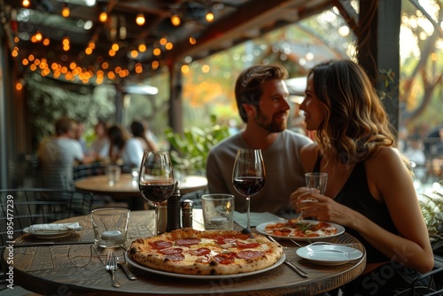 Wallpaper Mural A warm and cozy restaurant setting with a focus on a pepperoni pizza and red wine glasses, under romantic lighting, emphasizing an intimate dining experience. Torontodigital.ca