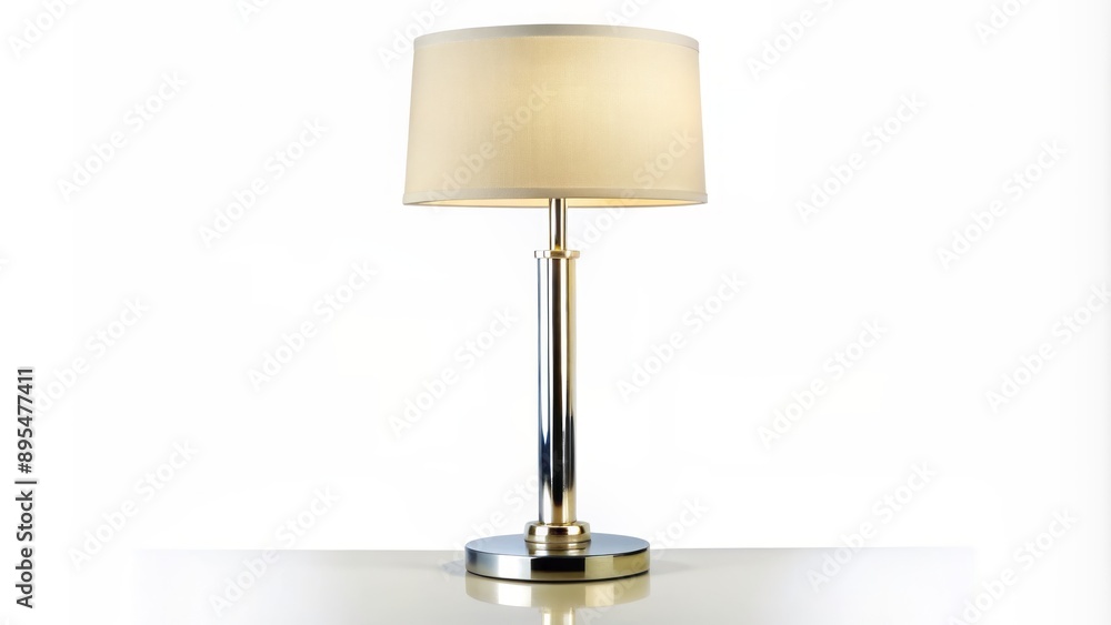 Elegant solitary modern lamp with sleek chrome base and creamy white shade illuminated against a pristine white background. Elegant solitary modern lamp with sleek chrome base and creamy white shade illuminated against a pristine white background.
