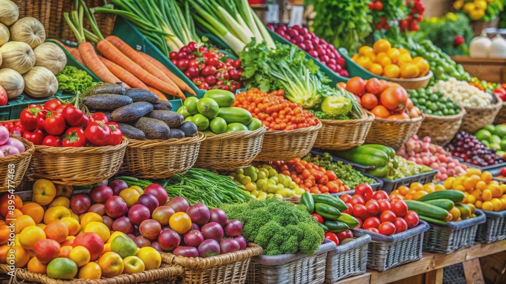 Colorful display of fresh fruits and vegetables at farmers' market stall, vibrant, produce, healthy, organic, local Colorful display of fresh fruits and vegetables at farmers' market stall, vibrant, produce, healthy, organic, local