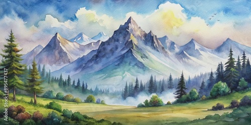 Mountain landscape painted in watercolor , nature, scenery, painting, artwork, outdoors, mountains, hills, trees, grass photo