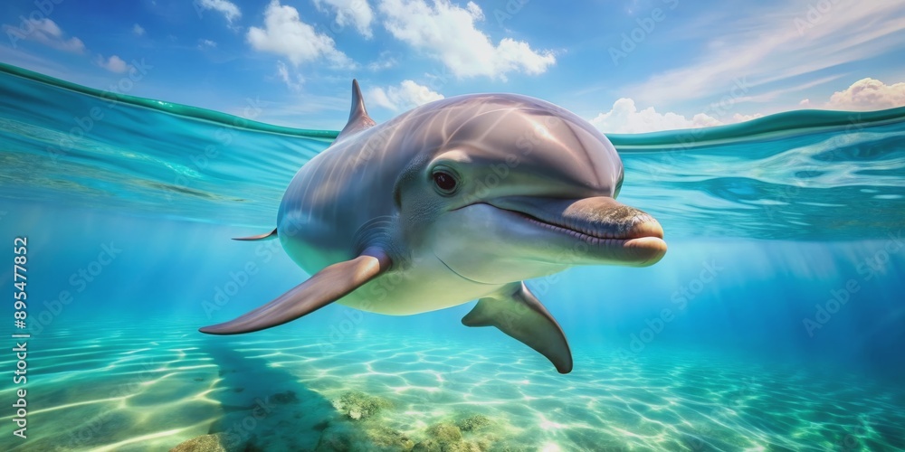 Fototapeta premium Cute dolphin swimming playfully in the ocean, dolphin, sea, water, marine life, playful, underwater, mammal, ocean