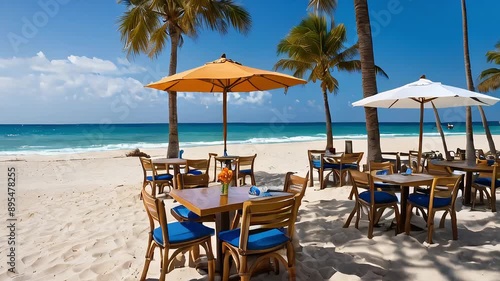 Beachside Café Animation. Tables and Chairs on the Sand, White Sand, and a Blue Ocean Backdrop. Dynamic. Enjoy the Charm of Beachside Cafés in This Dynamic Video. photo