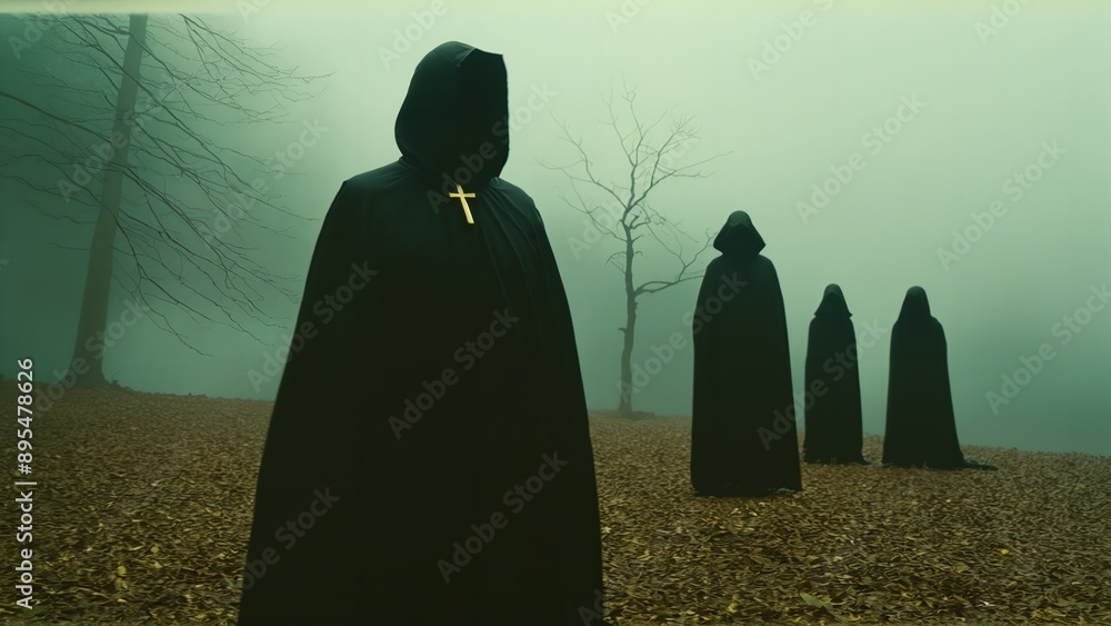 Generative AI, Hooded figures in a misty landscape, one adorned with a ...