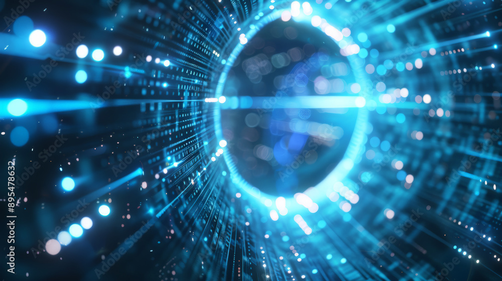 Fototapeta premium Blue Cyber Tunnel: Data Flow in Futuristic Cyberspace. Generative AI