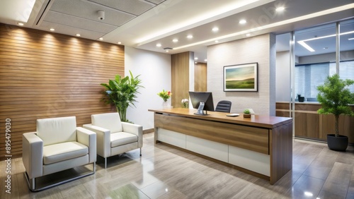 Sleek modern dental office reception desk with minimalist decor, advanced computer system, and comfortable waiting area inviting patient arrival.