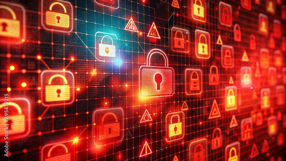 Vibrant red digital grid background with scattered lockdown symbols and