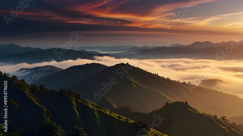 Beautiful sunrise in the mountains nature view from Kolukkumalai Munnar Kerala concept image Copy space image Place for adding text or design Generative AI photo