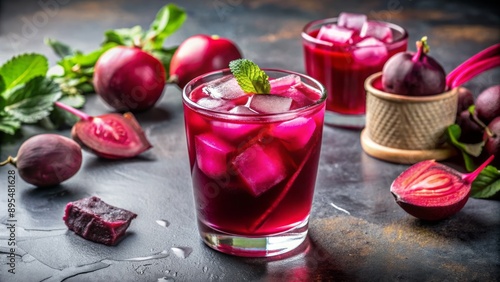 Wallpaper Mural Vibrant pink iced beetroot cold brew coffee in a clear glass with ice cubes and a few sliced beets nearby. Torontodigital.ca