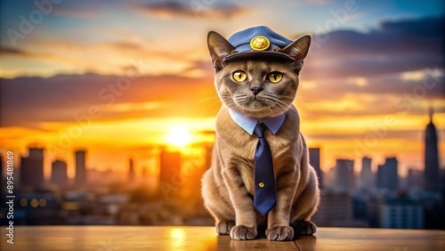 Adorable Burmese Cat in miniature police uniform and hat sits proudly in front of blurred cityscape background at sunset.