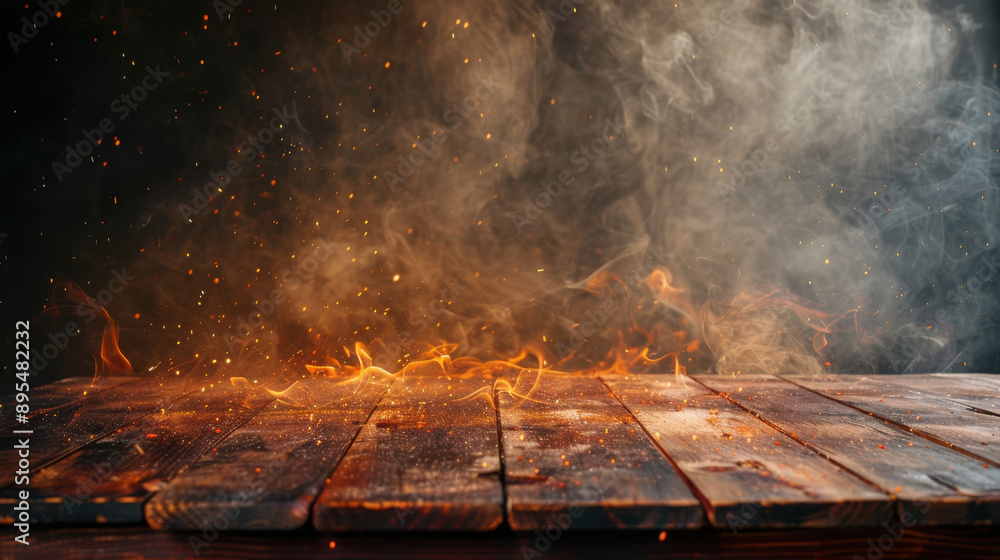 An empty wooden table with flames along the edge, sparks and smoke rising against a dark background, perfect for showcasing products. An empty wooden table with flames along the edge, sparks and smoke rising against a dark background, perfect for showcasing products.