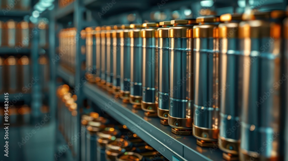 Naklejka premium Close-up view of metallic batteries organized on shelves, showcasing a modern storage solution for energy solutions.