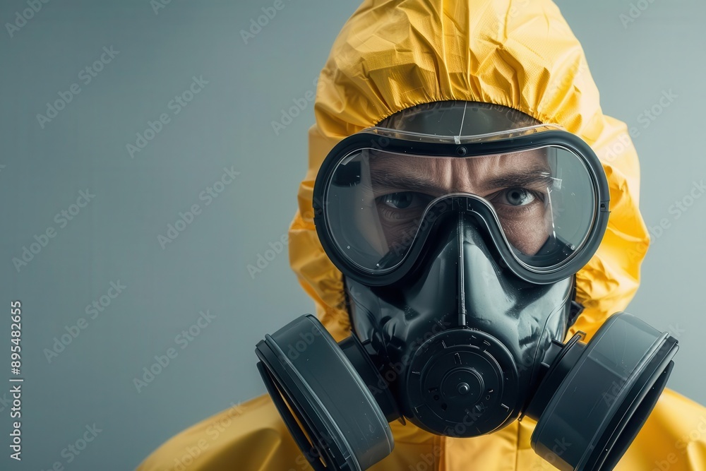 A person in a yellow protective suit and gas mask, showcasing safety measures for hazardous environments or emergencies. A person in a yellow protective suit and gas mask, showcasing safety measures for hazardous environments or emergencies.