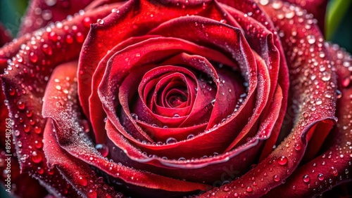 Delicate petals of a velvety red rose unfold from the center, showcasing intricate details and subtle morning dew droplets.