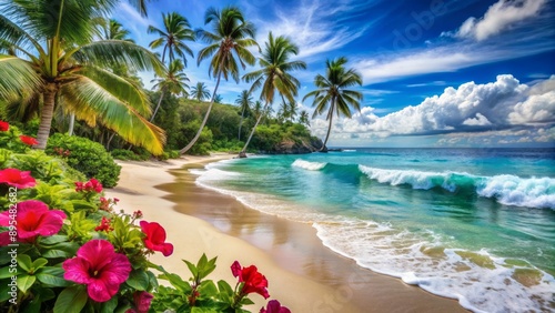 Turquoise ocean waves gently caress powdery white sand beach lined with lush green palm trees and vibrant hibiscus flowers.
