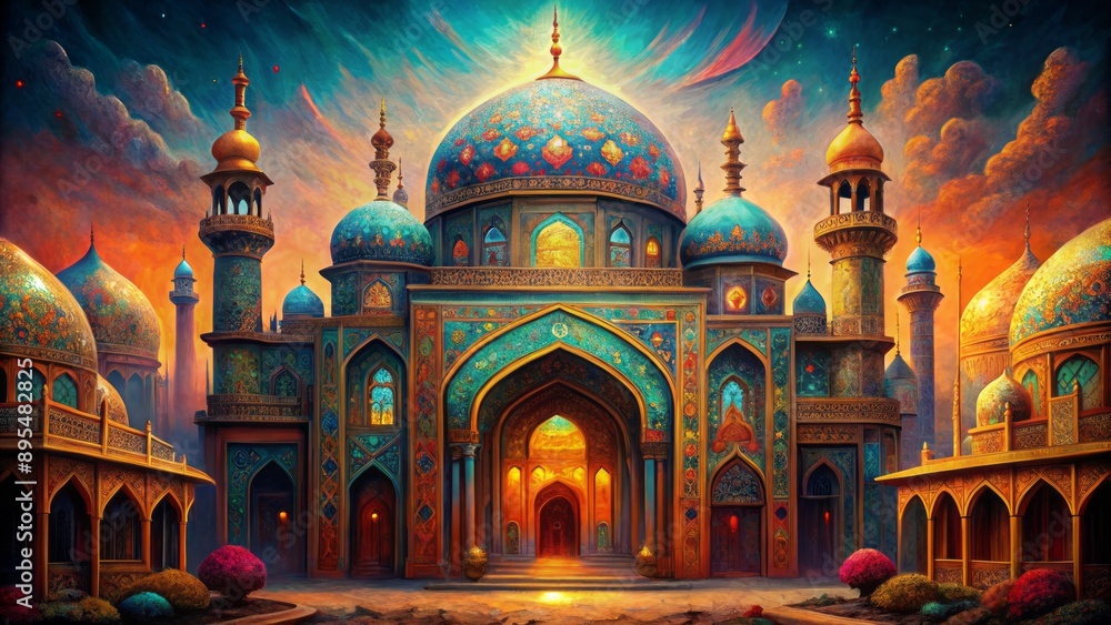 Obraz premium Intricate illustration of ancient eastern architecture with ornate patterns and vibrant colors, evoking a sense of fear and mystique.