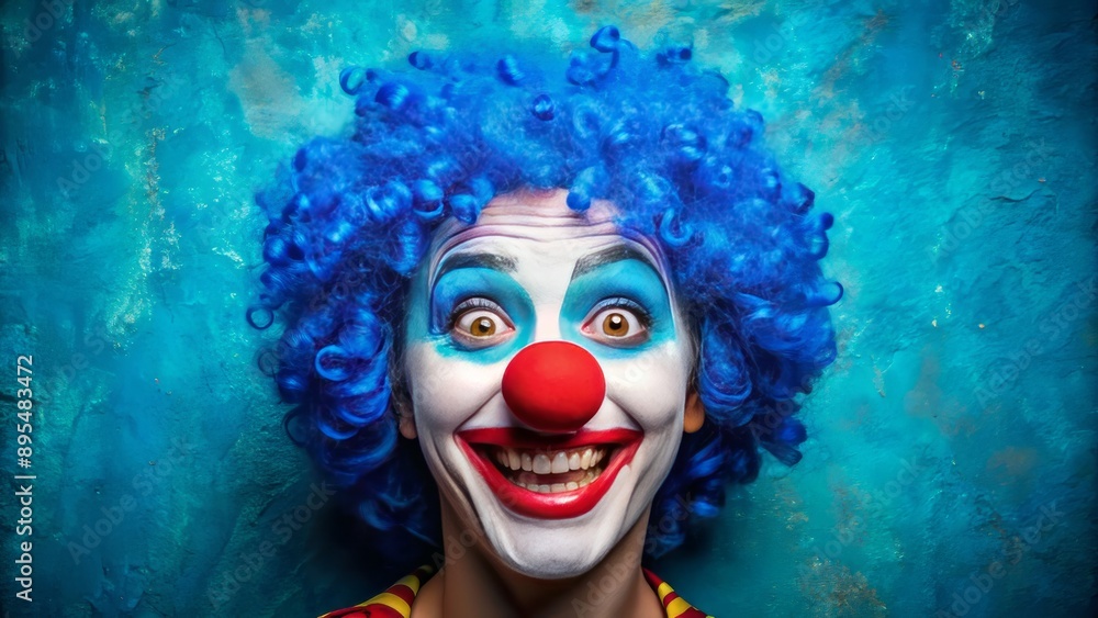 Vibrant blue background highlights a bright red clown nose and painted on smile, staring intensely into the lens with an unsettling aura. Vibrant blue background highlights a bright red clown nose and painted on smile, staring intensely into the lens with an unsettling aura.