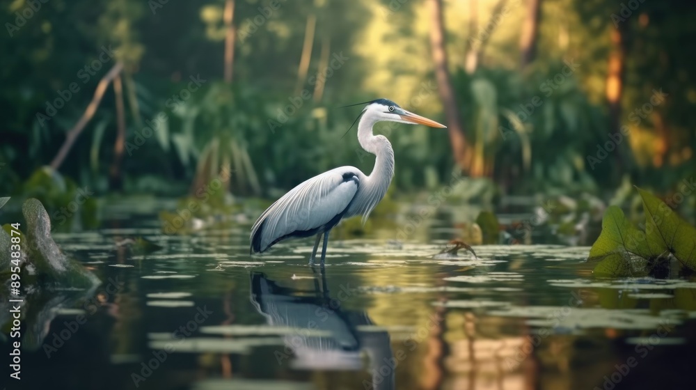Obraz premium A Majestic Heron in the Tranquility of a Swamp