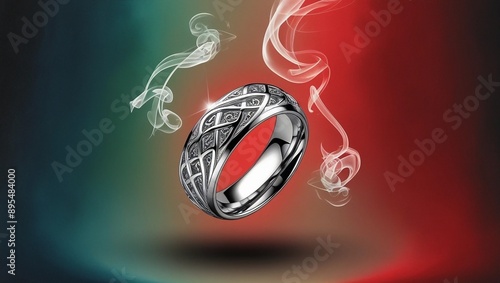 a grey ring with smoke and redish green  background