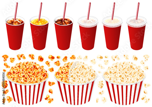 ベクター　ポップコーンとドリンク　塩　キャラメル　ハーフ＆ハーフ　コーラ　アイスコーヒー　オレンジジュース