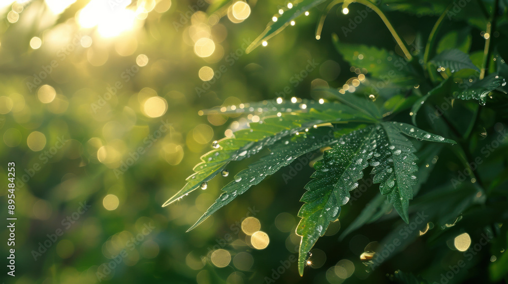 Cannabis leaves shimmering in the early morning light, dew drops adding a touch of sparkle Cannabis leaves shimmering in the early morning light, dew drops adding a touch of sparkle