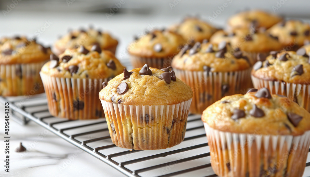 A delightful array of delicious chocolate chip muffins is resting on a cooling baking rack A delightful array of delicious chocolate chip muffins is resting on a cooling baking rack