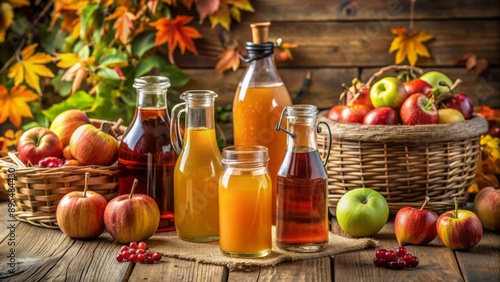 Autumn harvest delights showcased on a rustic wooden table, featuring fresh apple juice, cider, vinegar, preserves, and juice in bottles.