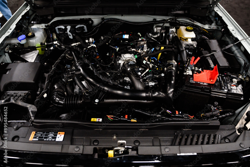 Modern Car Engine Bay Close-Up Modern Car Engine Bay Close-Up