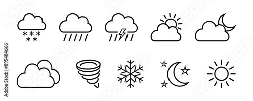 weather icon set. simple line icon containing clouds, rain, storm, snow, sun, moon and more. weather forecast icons for app ui and website. transparent vector.