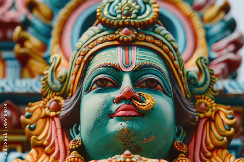 Close-up of vibrant Hindu deity statue with intricate details Close-up of vibrant Hindu deity statue with intricate details
