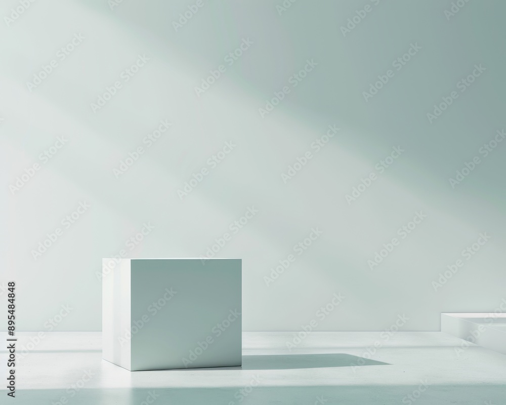 Fototapeta premium Boxshaped goods showcase, minimal style, 3D render, contemporary design, side angle, crisp studio lighting, high detail