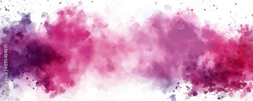 Abstract watercolor background banner with pink and purple colored clouds, dots and stains © MCGORIE