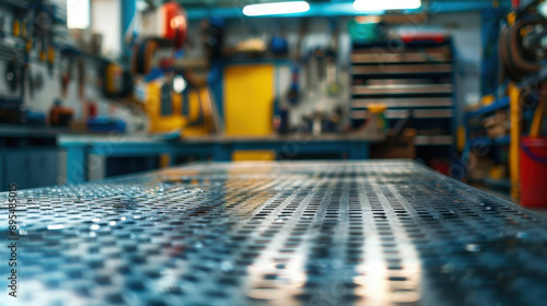 Wallpaper Mural Blurred automotive tools and parts behind an empty metal table, perfect for showcasing car products. Torontodigital.ca