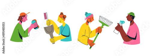 Set of multicultural team of young people. Flat vector illustration. Unity in diversity. People of different nationalities and religion cleaning together. Multinational society. Teamwork, cooperation