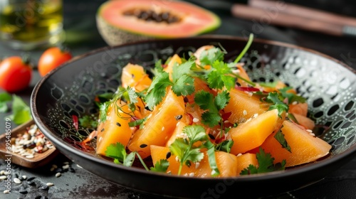 The national cuisine of Thailand. Thai melon salad with coriander.