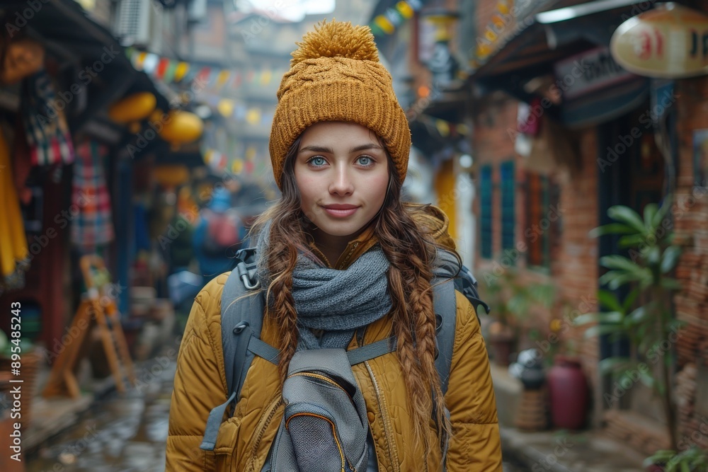 A woman dressed warmly in a hat, scarf, and jacket stands in a busy, vibrant outdoor street market surrounded by shops, cultural elements, and colorful decorations. A woman dressed warmly in a hat, scarf, and jacket stands in a busy, vibrant outdoor street market surrounded by shops, cultural elements, and colorful decorations.