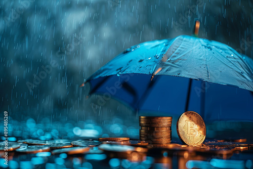 Wallpaper Mural Coins under blue umbrella. Financial risk insurance concept. Investments, deposits, loans Torontodigital.ca