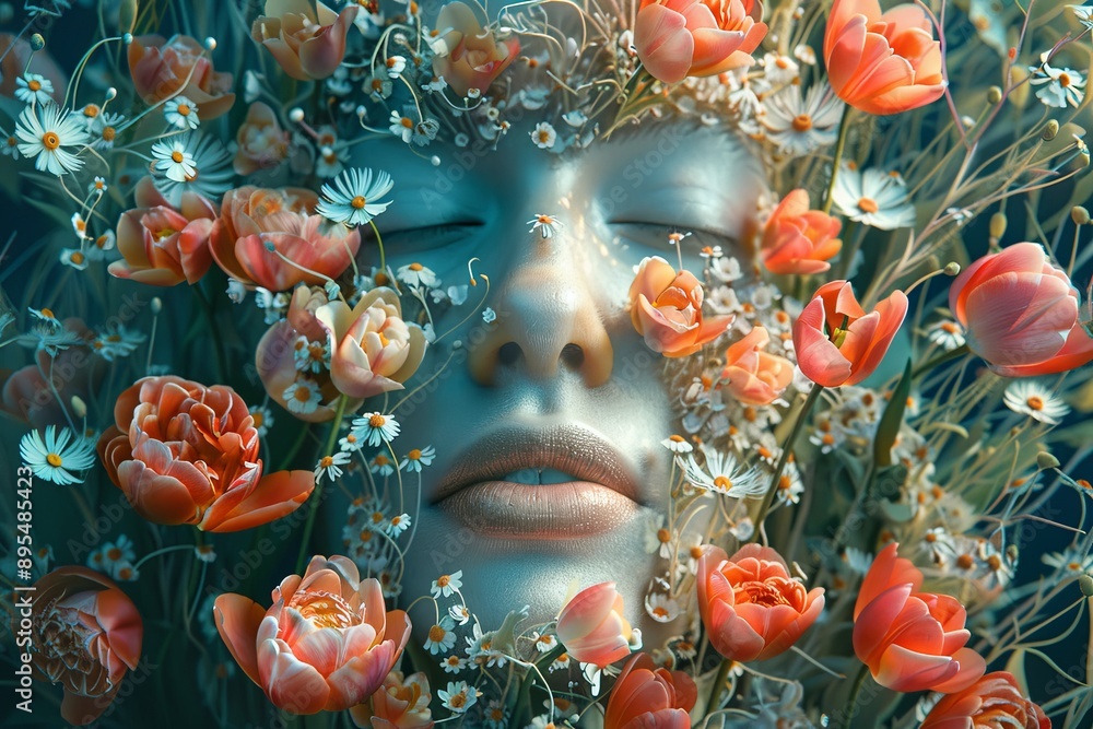 Naklejka premium Woman's Face Covered in Flowers With Eyes Closed. Generative AI