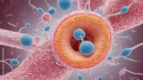 Macro view through a microscope of the process of in vitro fertilization of a female egg with a sperm cell in an IVF bowl in a laboratory. horizontally. , Generative AI