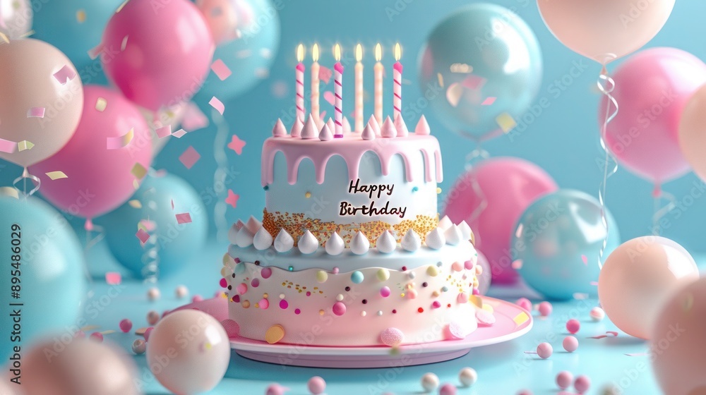 Three tier birthday cake with candles and pastel color balloons on blue background Three tier birthday cake with candles and pastel color balloons on blue background