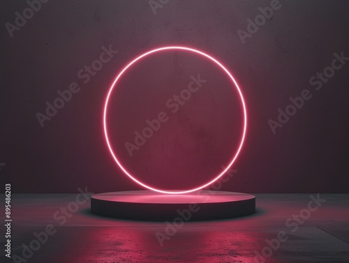 3D render of a minimal podium stand, circular neon glow, sleek design, front view, studio lighting, high detail