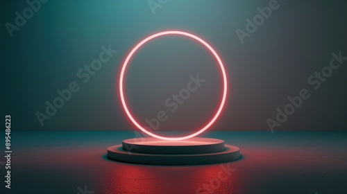 3D render of a minimal podium stand, circular neon glow, sleek design, front view, studio lighting, high detail