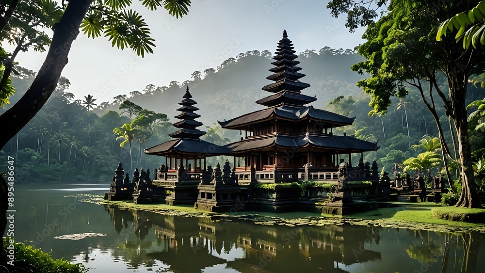 A serene, misty morning scene with a traditional Balinese temple reflected in a calm lake. A serene, misty morning scene with a traditional Balinese temple reflected in a calm lake.