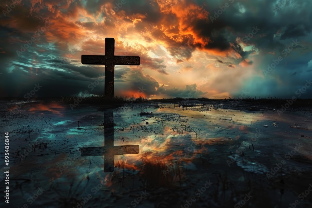 A silhouette of a wooden cross stands tall against a fiery sunset sky, its reflection mirroring the dramatic clouds and colors in the water below. This image evokes concepts of faith, hope, redemption A silhouette of a wooden cross stands tall against a fiery sunset sky, its reflection mirroring the dramatic clouds and colors in the water below. This image evokes concepts of faith, hope, redemption