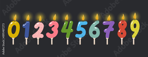 Candles figures for the cake. Colorful festive candles in the form of numbers from 0 to 9 for cake decoration. Vector illustration